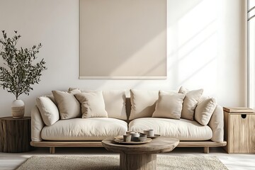 Cosy and stylish interior design of living room with modular white sofa, wooden furnitures, paintings on the wall, decorations, windowsill and personal accessories. Home styling. Template.
