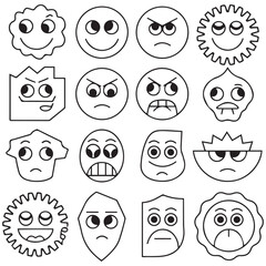 Vector faces, abstract design outline - y2k stickers and badges, happy, angry expressions, stickers, and outline icons with different face expressions. with white background