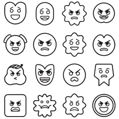 Vector faces, abstract design outline - y2k stickers and badges, happy, angry expressions, stickers, and outline icons with different face expressions. with white background