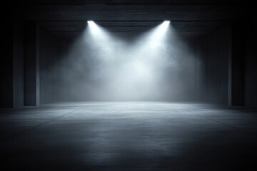 Empty, dark, concrete room with spotlights