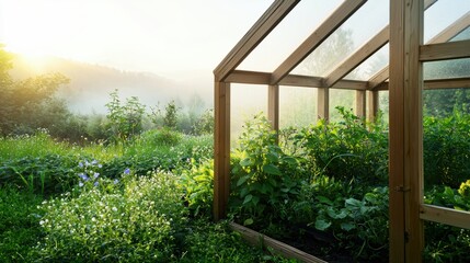 Fototapeta premium Nostalgia Garden Vintage Greenhouse. Sunlight filters through a greenhouse surrounded by lush greenery in a tranquil setting.
