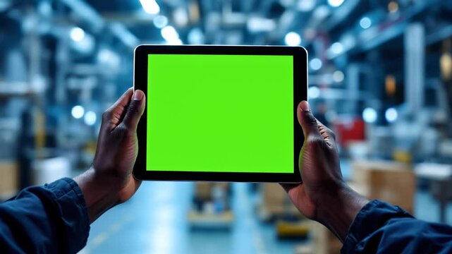 Hands Holding Tablet with Green Screen in Warehouse