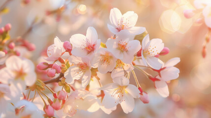 Kwitnąca gałąź wiśni w wiosennym słońcu, zbliżenie na delikatne różowe kwiaty