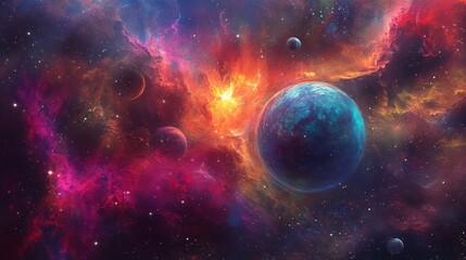 Vibrant nebula with planets, cosmic dust, and fiery explosions.