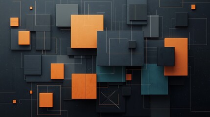 Abstract geometric shapes, dark colors, interconnected squares