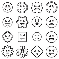 Vector faces, abstract design outline - y2k stickers and badges, happy, angry expressions, stickers, and outline icons with different face expressions. with white background