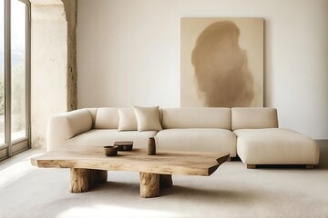 Cosy and stylish interior design of living room with modular white sofa, wooden furnitures, paintings on the wall, decorations, windowsill and personal accessories. Home styling. Template.