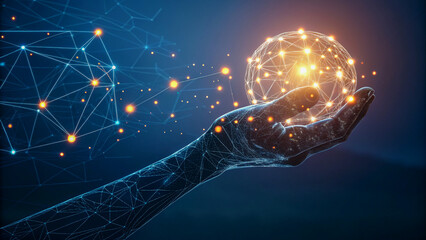 Hands connecting in a digital world with glowing lights and a global network