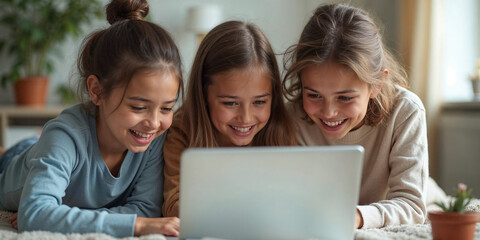 Family of girls smil AIing and looking at a laptop. Generative