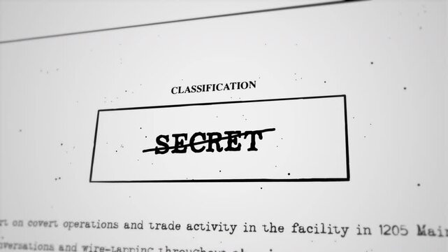 Secret government file is crossed out and declassified for public view. Top secret information available. Strike through stamp or label for freedom of information act exposing sensitive document
