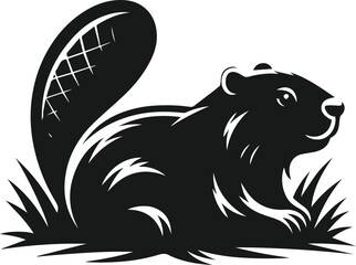 Beaver lying in the grass, tail slightly raised vector silhouette