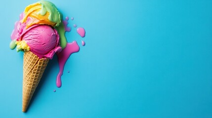 Colorful ice cream cone melting on a blue surface, vibrant pink and yellow scoops creating a fun, summery vibe with copy-space.