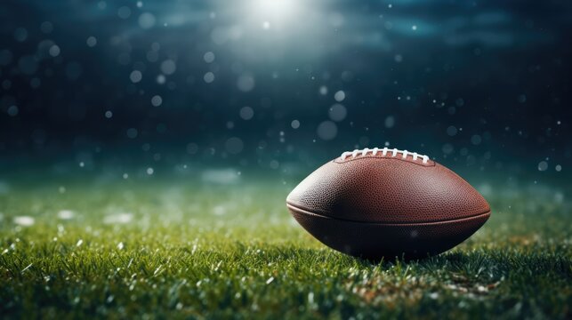 Close-up of American football ball on grass. Background of stadium illuminated by the lights. The concept of sport and leisure. Ai-generated.