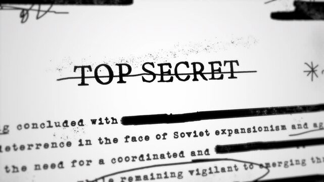 Government top secret document is crossed out marking it declassified for public. Classified material and sensitive information is available for view after declassification. Strike through file title
