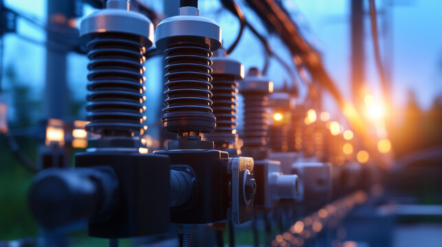 A close-up of high-voltage transformer bushings and insulators at an electrical substation, highlighting intricate design and power flow control.