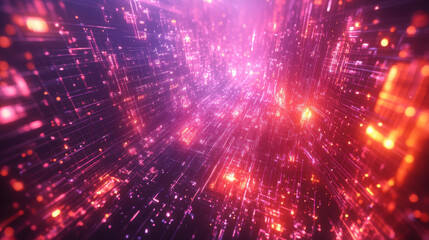 Obraz premium Abstract Digital Cityscape, Neon Lights and Glowing Structures