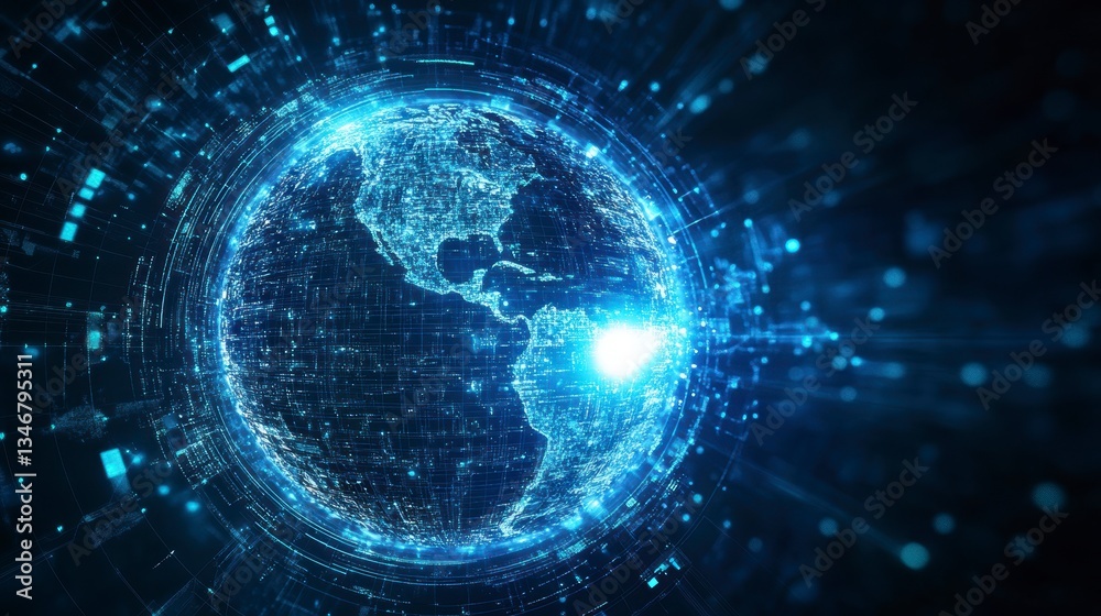 Aufkleber futuristic glowing digital earth globe with data streams.