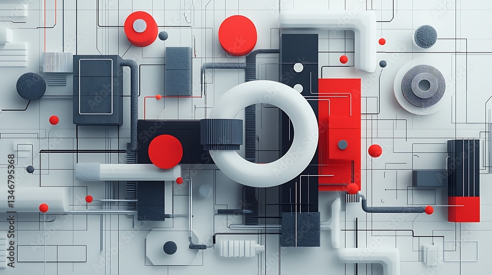 Poster abstract geometric shapes in vibrant colors, arranged in a futuristic circuit board design