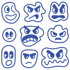Vector faces, abstract design outline - y2k stickers and badges, happy, angry expressions, stickers, and outline icons with different face expressions. with white background