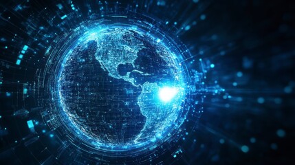 Futuristic glowing digital Earth globe with data streams.