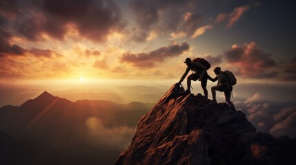 Group of hikers at sunset mountain. Young people on mountain hike at sunrise. They holding hands and helping each other. The concept of support and business. Ai-generated.