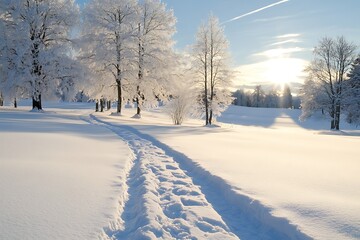 Obraz premium In soothing stillness of a winter terrain time holds steady as subtle scrape of shoes on powdery snow hums as only song 