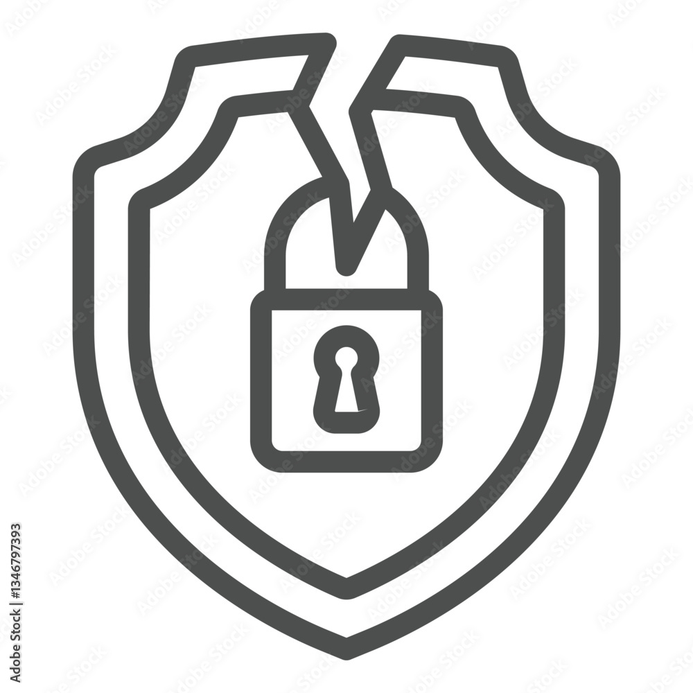 Poster cracked shield with lock line icon, hacker attacks concept. vector graphics. lock on emblem with cra