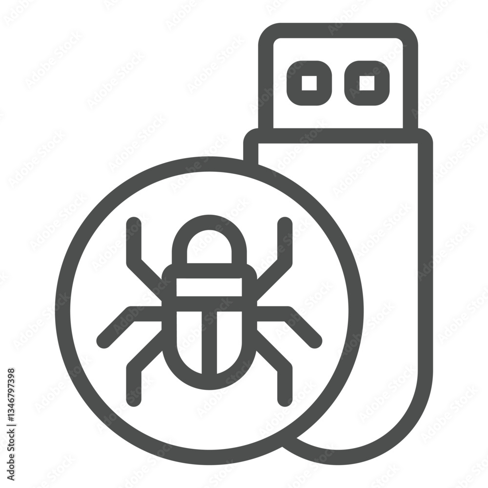 Aufkleber flash drive with virus line icon, hacker attacks concept. vector graphics. hacker exploit, bug on pe