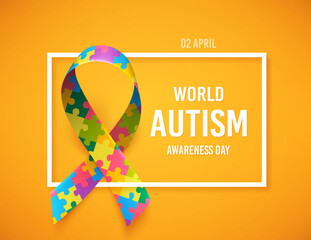 Poster with realistic puzzle ribbon. Symbol of world awareness Autism Spectrum Disorder day, 2 of april. Design template, vector illustration