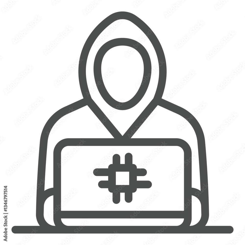 Poster hacker working at laptop line icon, hacker attacks concept. vector graphics. it criminal man with co