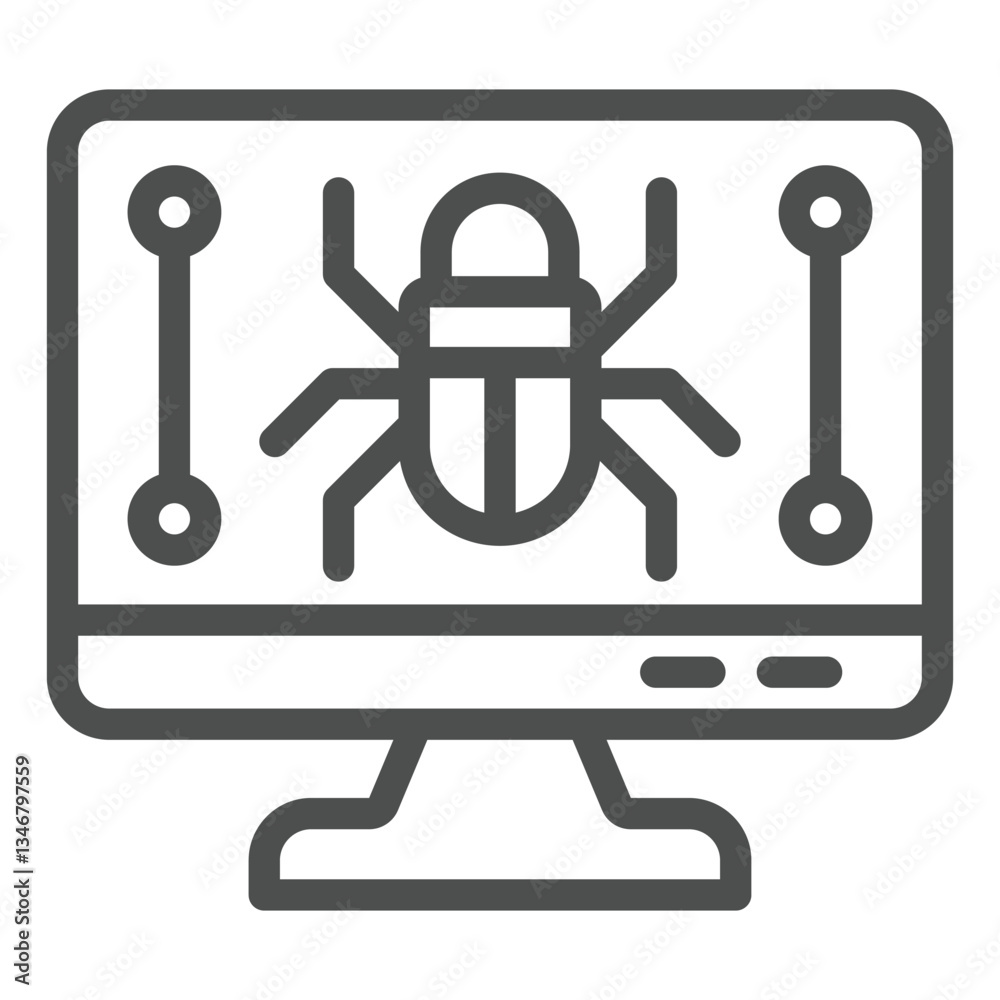 Poster monitor screen and beetle line icon, hacker attacks concept. vector graphics. display with bug, comp