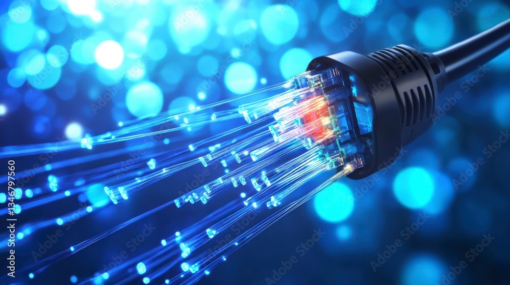Poster fiber optic cable with glowing data streams against a blue bokeh background.