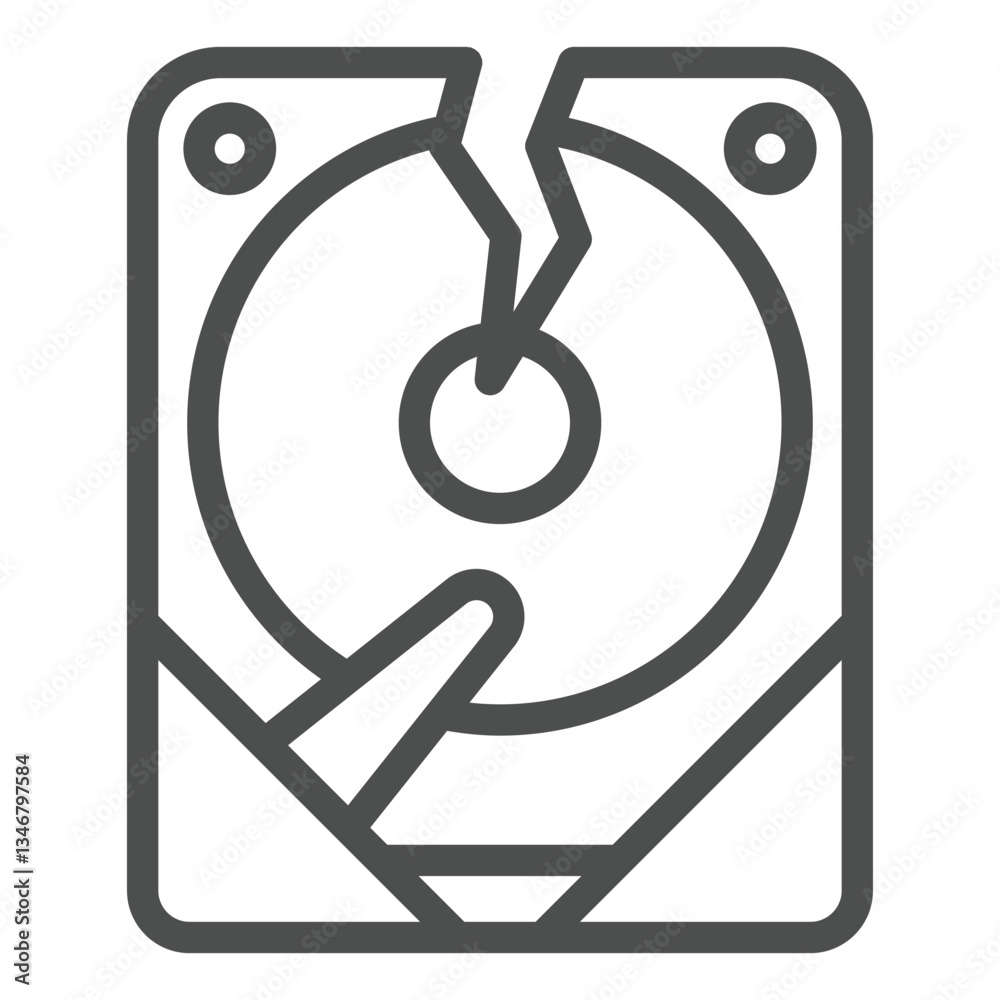 Poster hard disk drive breakdown line icon, hacker attacks concept. vector graphics. data loss, crack on st