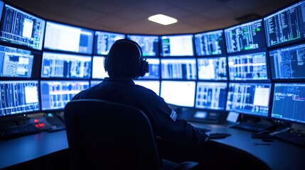 Person monitoring multiple screens, individual in dark room surrounded by blue-lit monitors displaying various data.