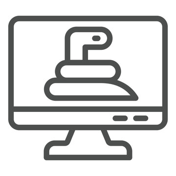 Monitor screen and snake line icon, hacker attacks concept. Vector graphics. Display with worm virus sign on white background, outline style icon for mobile or web design.