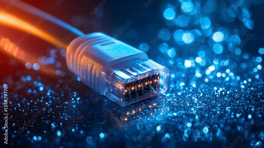 Aufkleber close-up of a network cable connector against a bokeh background.