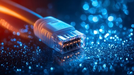 Close-up of a network cable connector against a bokeh background.
