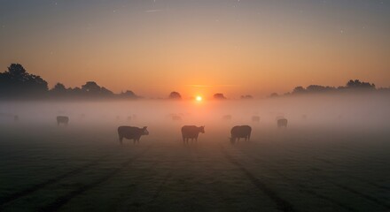 Cows Grazing in a Misty Field at Sunrise with a Glowing Orange Sky