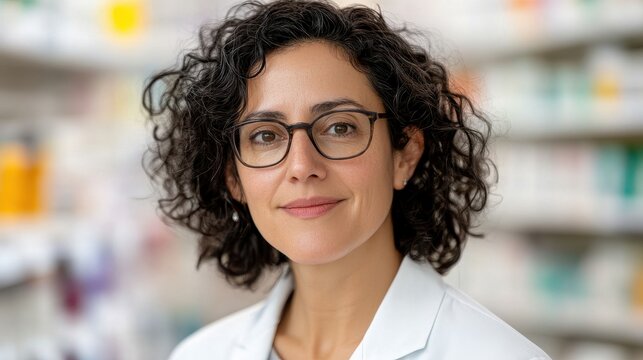 Confident professional woman in lab coat, smiling expert in pharmacy, surrounded by colorful medicine shelves, inviting space for text.