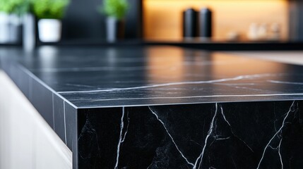 Elegant black marble countertop, sleek surface with subtle veining, ideal for modern kitchens or luxurious spaces, copy-space available.
