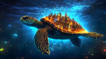 Fototapeta premium A giant turtle with a futuristic city built upon its shell, swimming through a neon cyber ocean