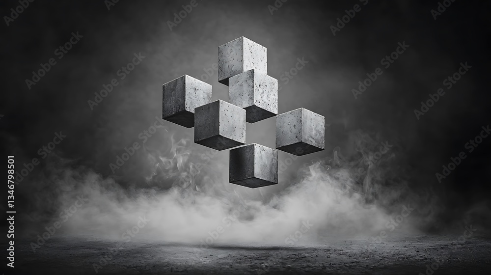 Poster abstract gray concrete cubes floating in smoky studio