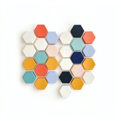 A collection of colorful hexagon tiles arranged in a visually appealing pattern, showcasing modern design elements and vibrant colors against a clean white background.