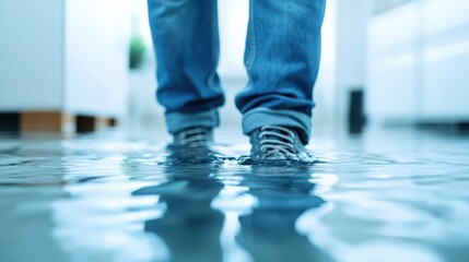 Person standing on wet floor, casual attire, water pooling around, highlighting potential hazards in indoor environment.