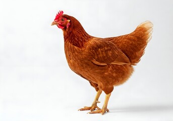 A bright red feathered chicken stands gracefully on a clean white background. Suitable for farm, poultry or organic food themes. High quality stock image for various creative purposes.