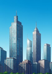 Fototapeta premium Impressive cartoon cityscape with tall buildings. Modern city skyscrapers and urban architecture background for real estate website, blog. Banner for architectural bureau. Downtown business district.