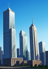 Naklejka premium Impressive cartoon cityscape with tall buildings. Modern city skyscrapers and urban architecture background for real estate website, blog. Banner for architectural bureau. Downtown business district.