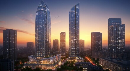 Obraz premium Modern skyscrapers at sunset. Residential architecture design for urban development. Property and real estate investment. Cityscape panorama with tall buildings. Architecture in the evening background