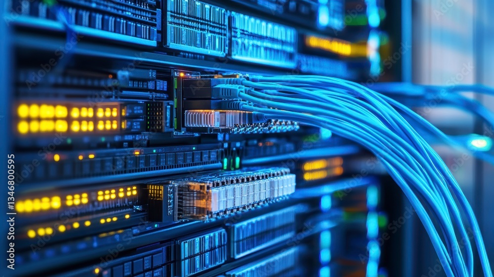 Poster Close-up of server rack with network cables, showing data center technology and connectivity.