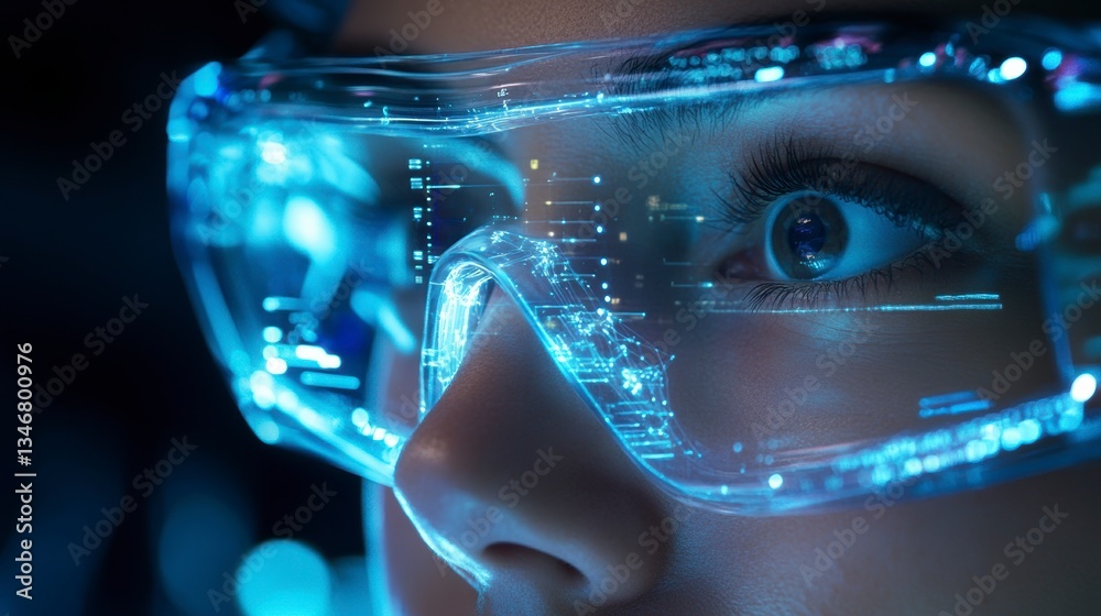 Aufkleber close-up of a person wearing futuristic glasses displaying digital data.